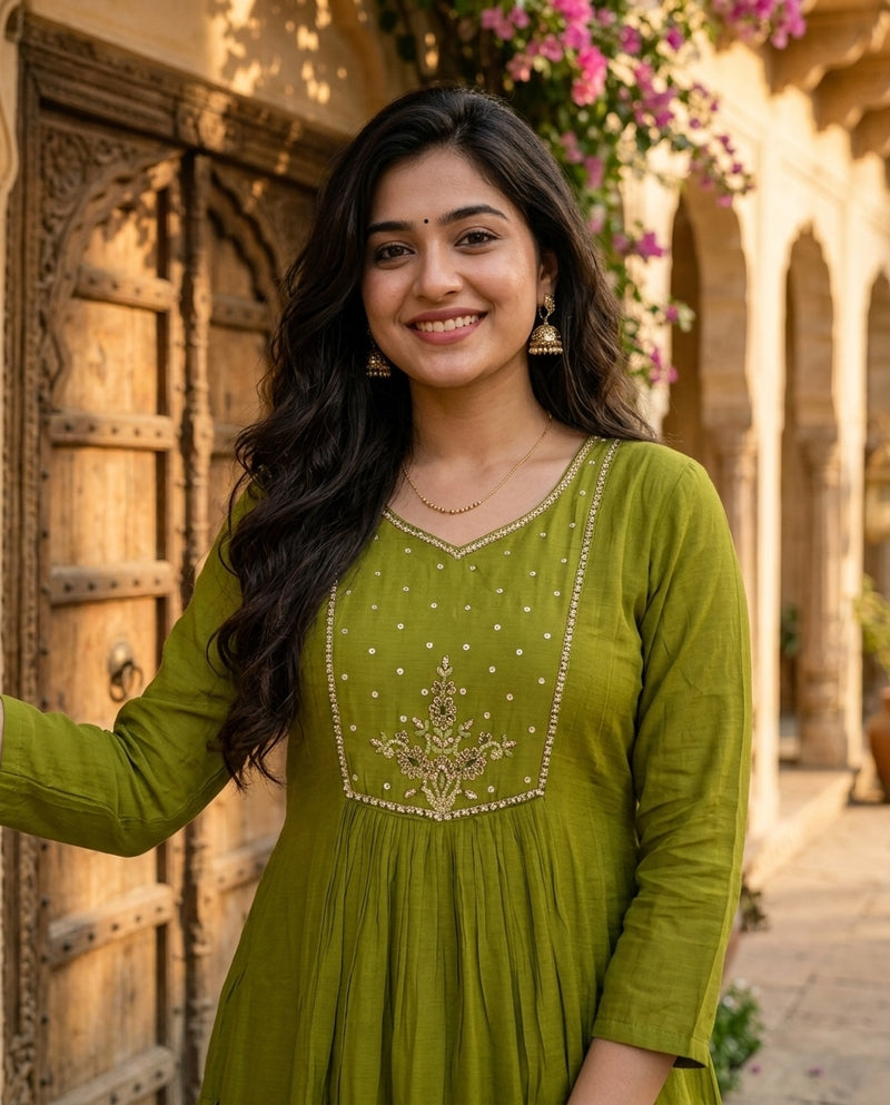 Olive Green Round Neck Embroidered Kurta Set