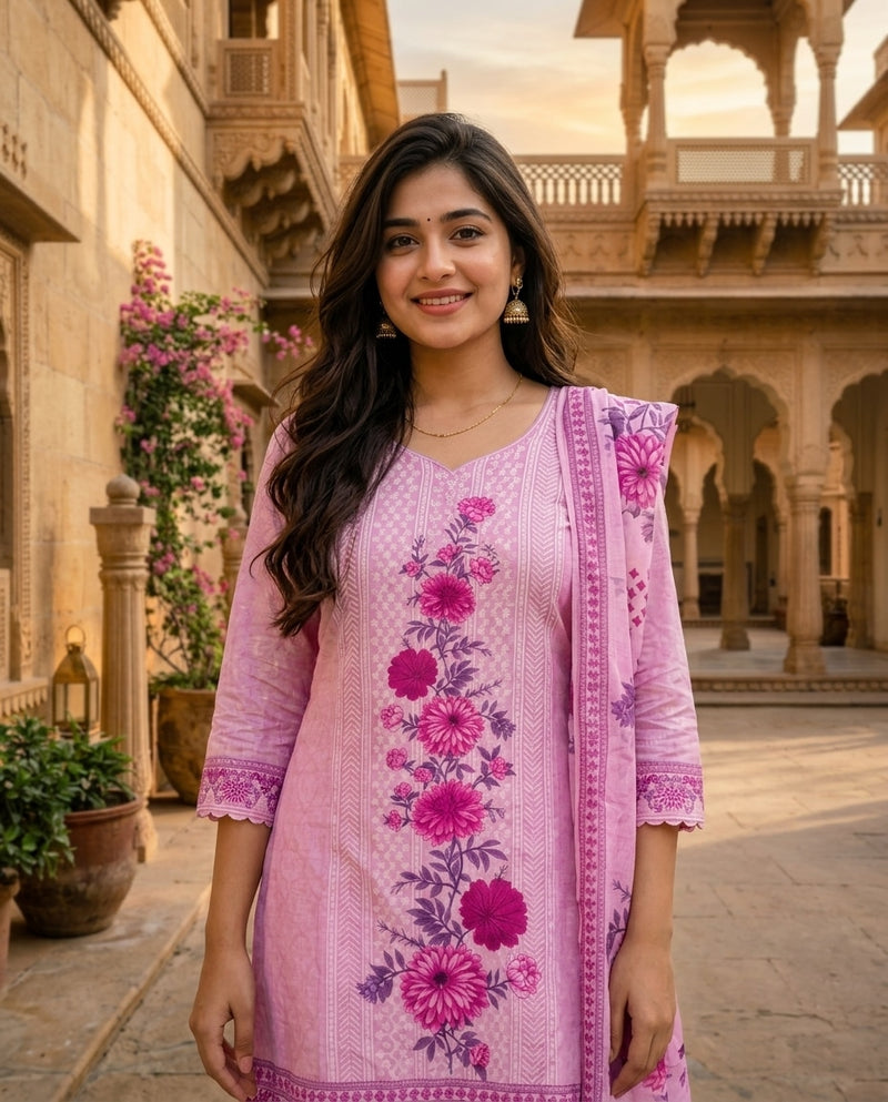 Pink and Magenta Printed Frock Suit with Dupatta