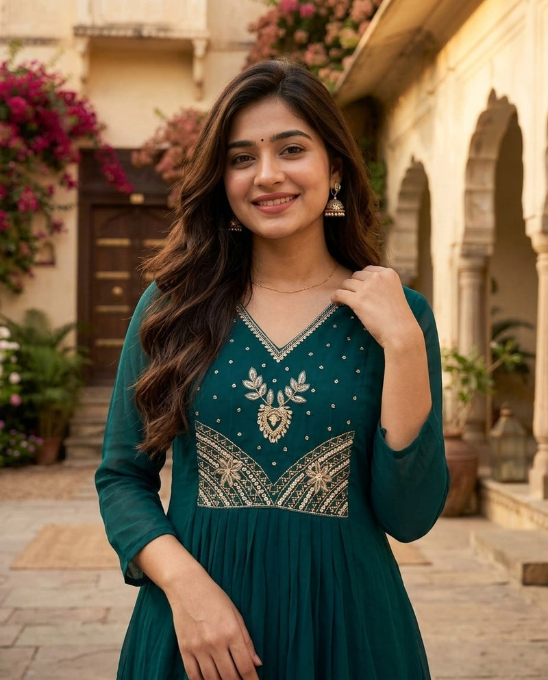 Teal and Gold Embroidered Ankle Length Frock Suit with Dupatta