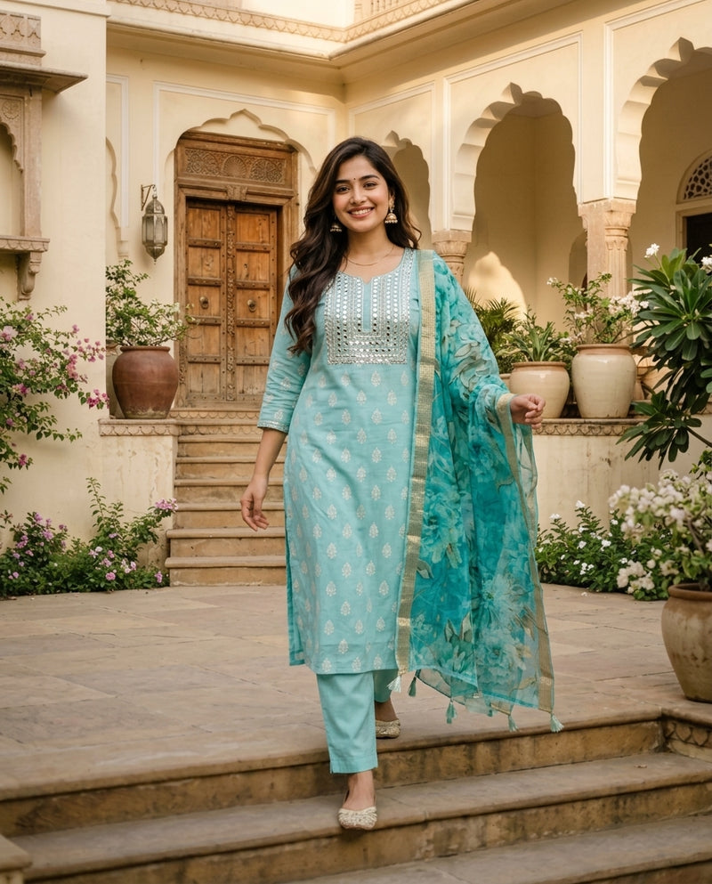 Light Blue Embroidered Kurta Set with Dupatta