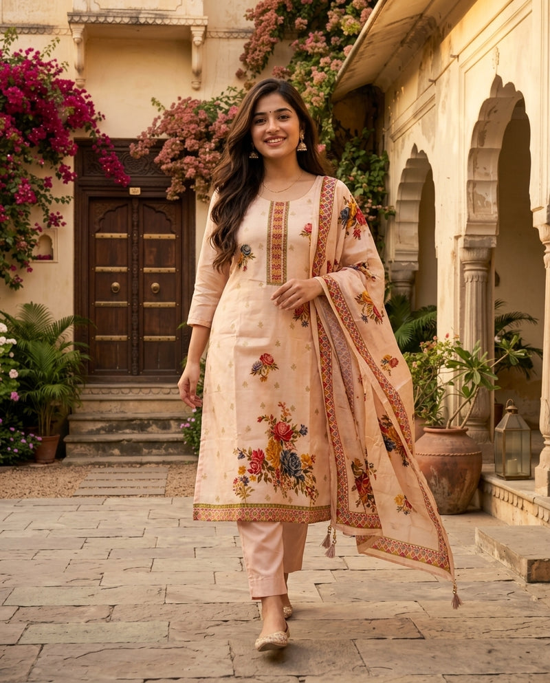 Peach Floral Print and Embroidered Yoke Suit Set