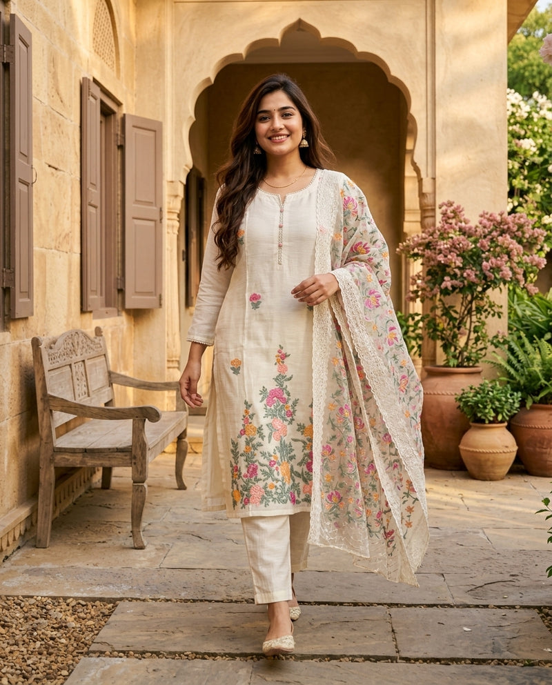 Off-White Floral Embroidered Kurta Suit Set with Sheer Dupatta