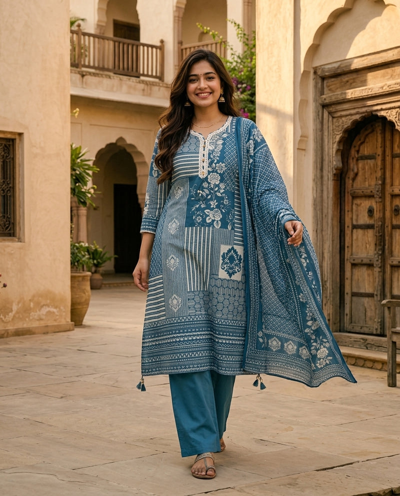 Blue Patchwork Printed Flared Kurta Set with Dupatta
