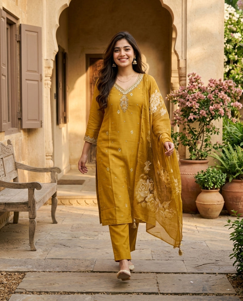Mustard Yellow Embroidered Kurta Set with Dupatta
