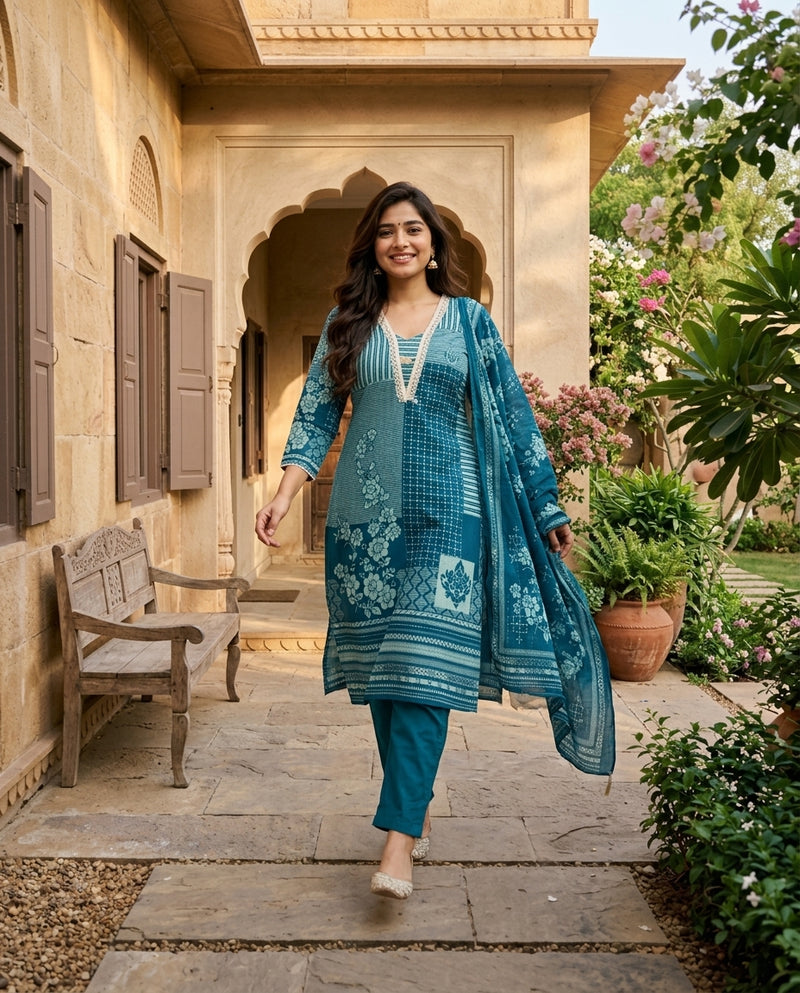 Teal Blue Printed A-Line Kurta Set with Dupatta