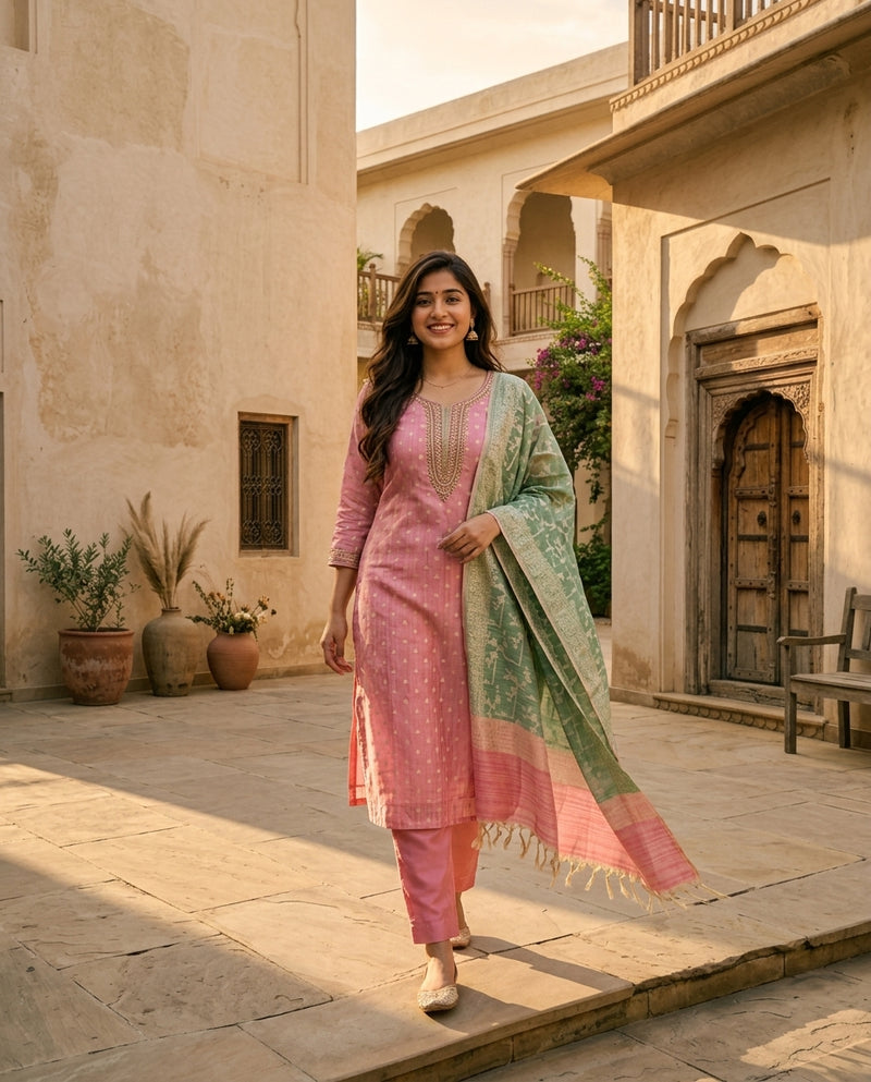 Pink Embroidered Kurta Set with Contrast Dupatta