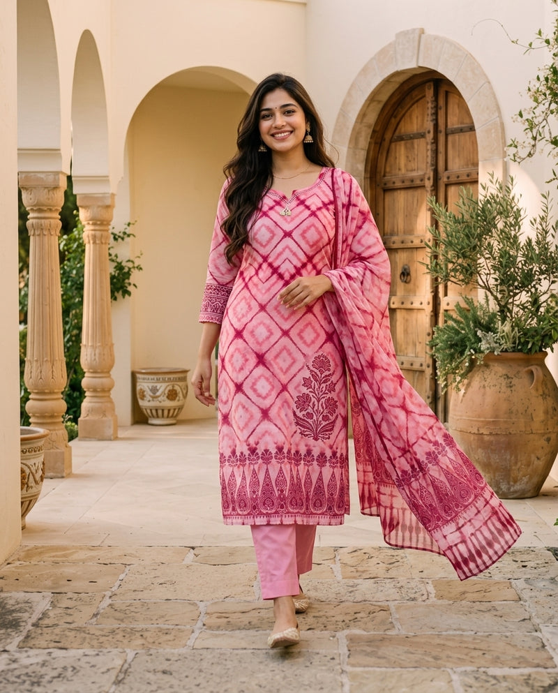 Pink Tie-Dye Printed Suit Set with Beaded Neckline