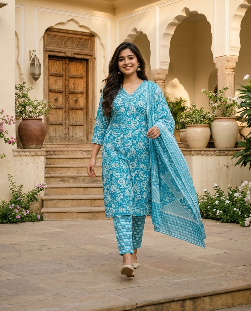Turquoise Floral Print V-Neck Kurta Set with Dupatta