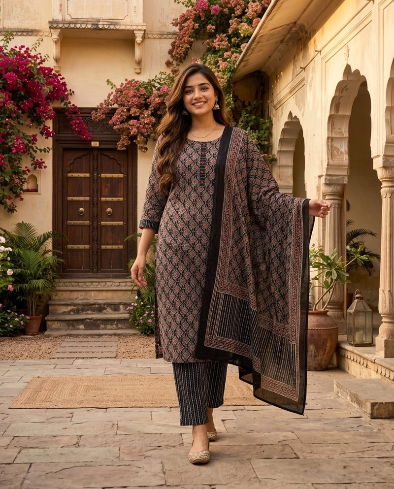 Black Geometric Printed Kurta Set with Pants and Dupatta