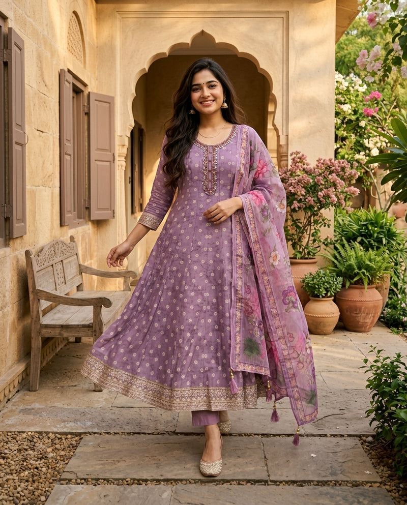 Mauve Kalidar Frock Suit Set with Embellished Neckline