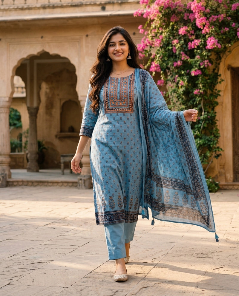 Light Blue Printed Slub Kurta Set with Dupatta