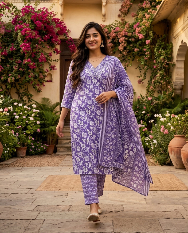 Purple Floral Printed V-Neck Kurta Set with Dupatta
