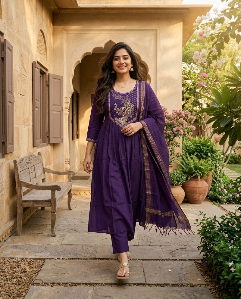 Purple Flared Frock Suit Set with Floral Embroidered Yoke