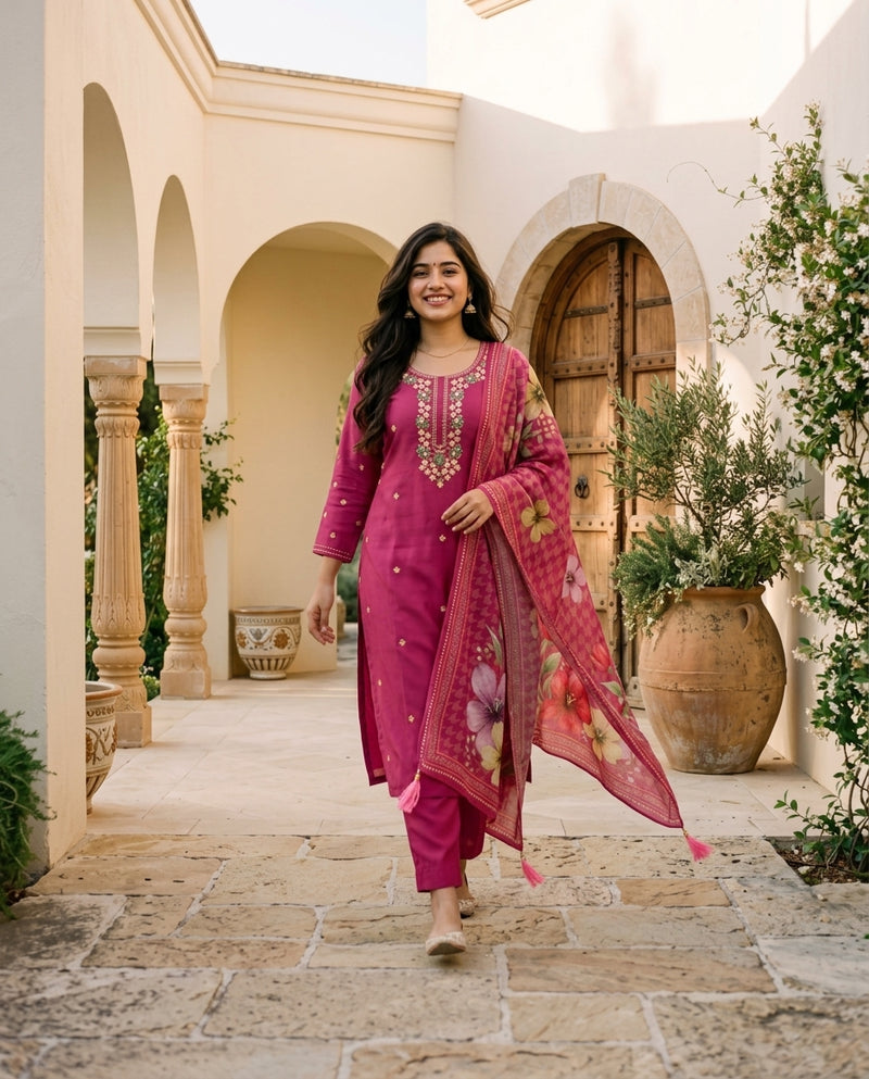 Magenta Embroidered Kurta with Trousers and Printed Dupatta Set