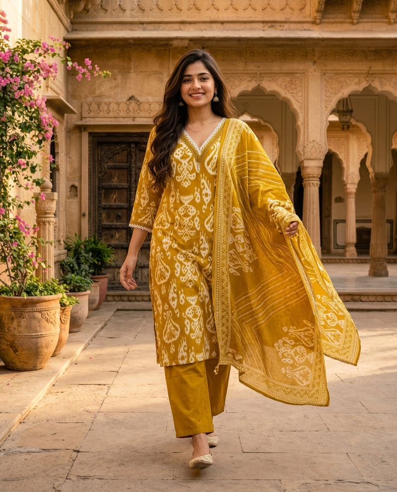 Mustard Ikat Printed V-Neck Kurta Set with Dupatta