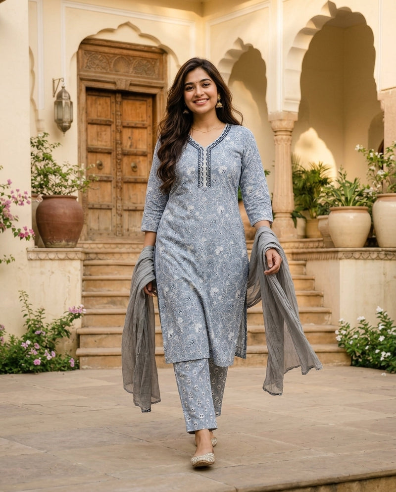 Blue Floral Printed Cotton Suit Set with Mirror Work