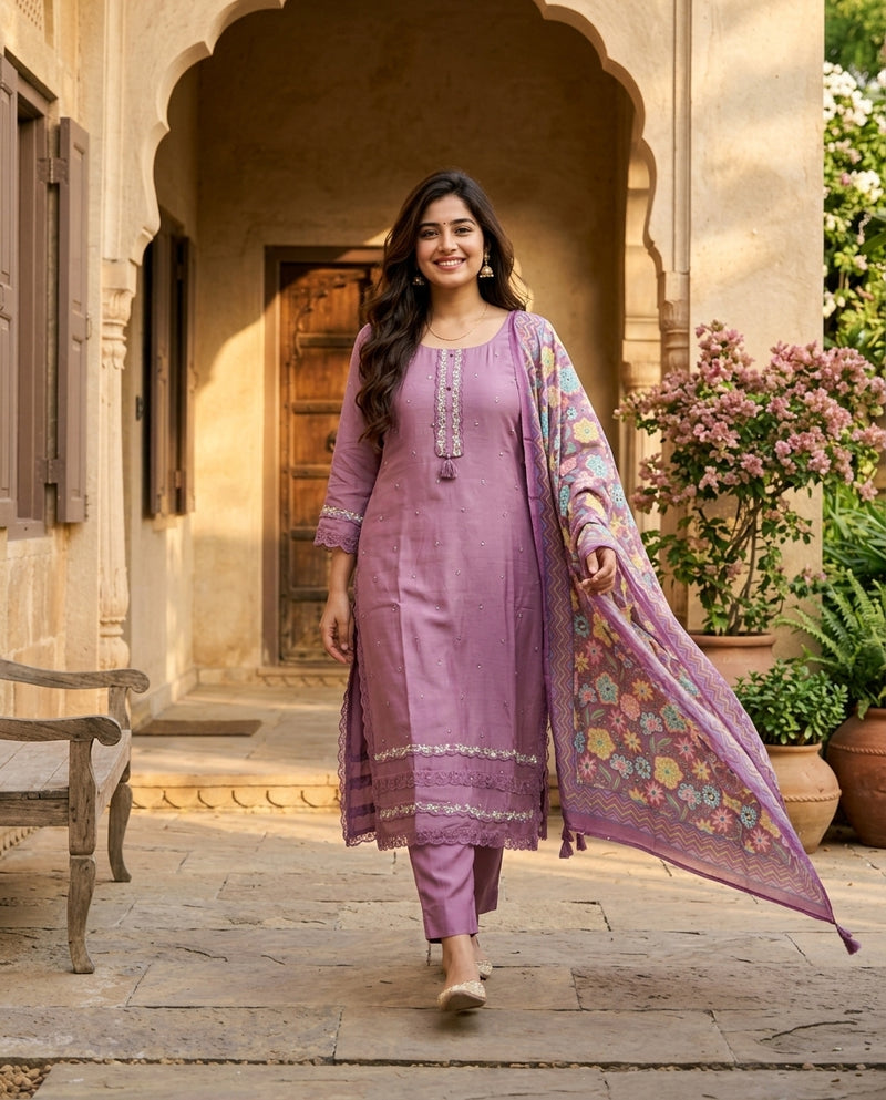 Mauve Embroidered Kurta Set with Printed Dupatta