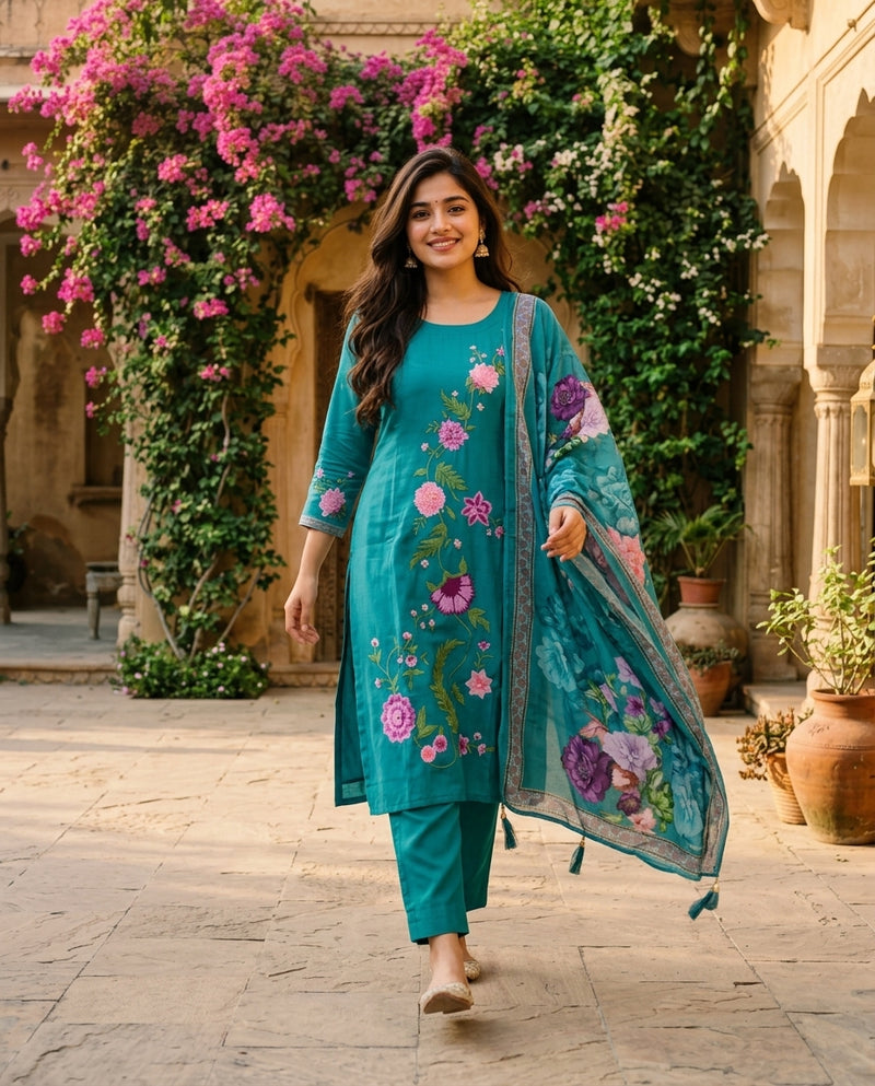 Teal Floral Embroidered Kurta Set with Printed Dupatta