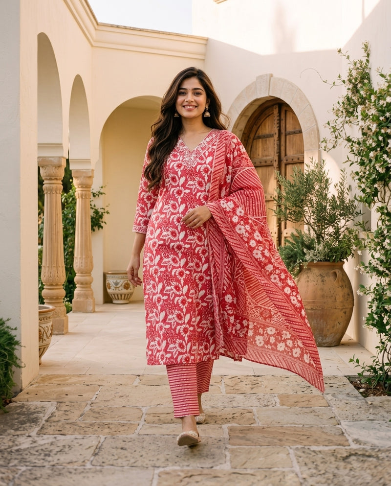 Red and White Floral Printed Suit Set with Dupatta