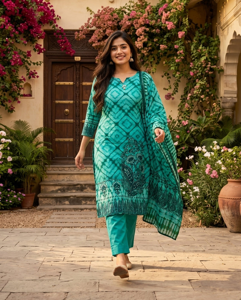 Turquoise Tie-Dye Printed Kurta Set with Dupatta