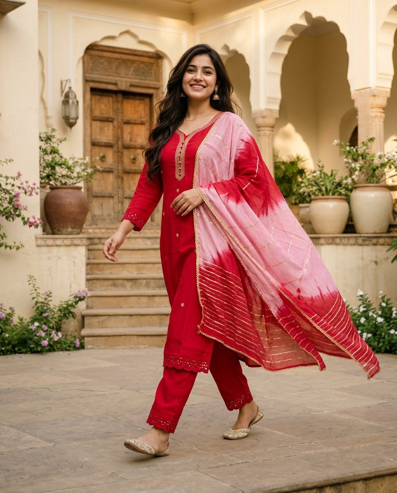 Red Embroidered Kurta Set with Leheriya Dupatta