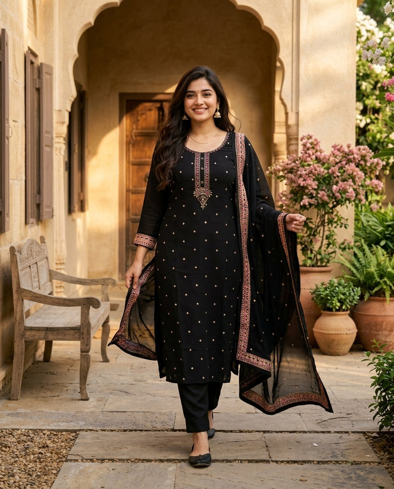 Black Embroidered Kurta with Trousers