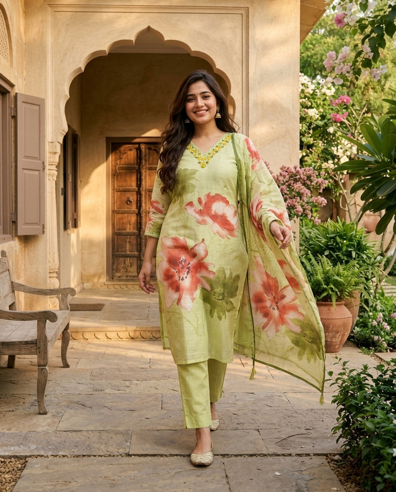 Light Green Floral Printed Suit Set with Embroidered V-Neck