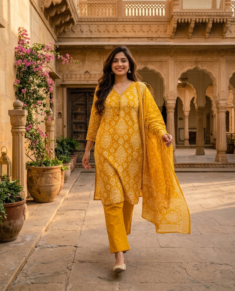 Mustard Yellow Ikat Print Suit Set with Dupatta