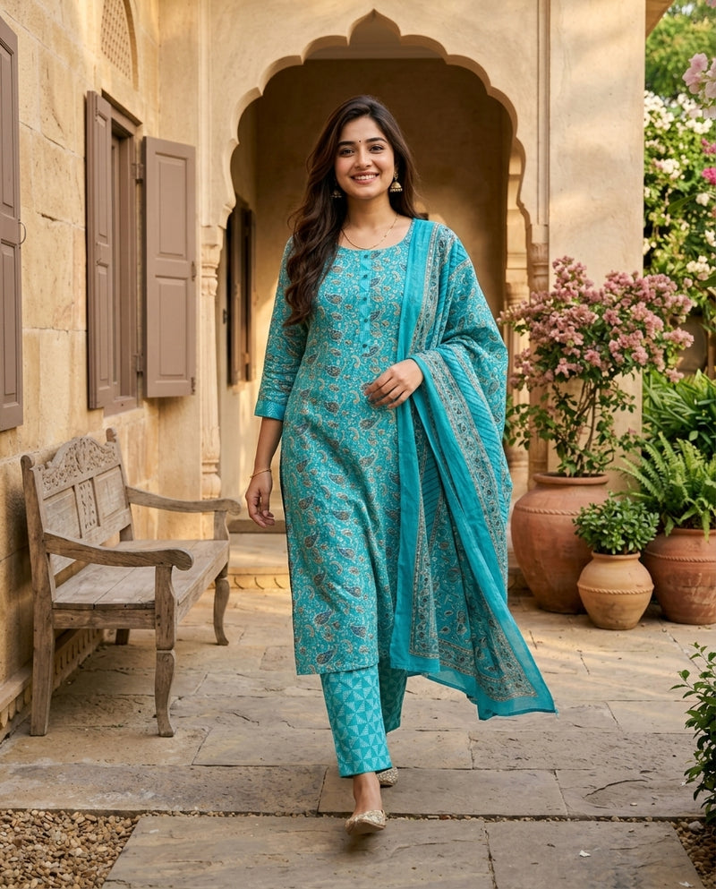 Turquoise Printed Kurta Set with Dupatta