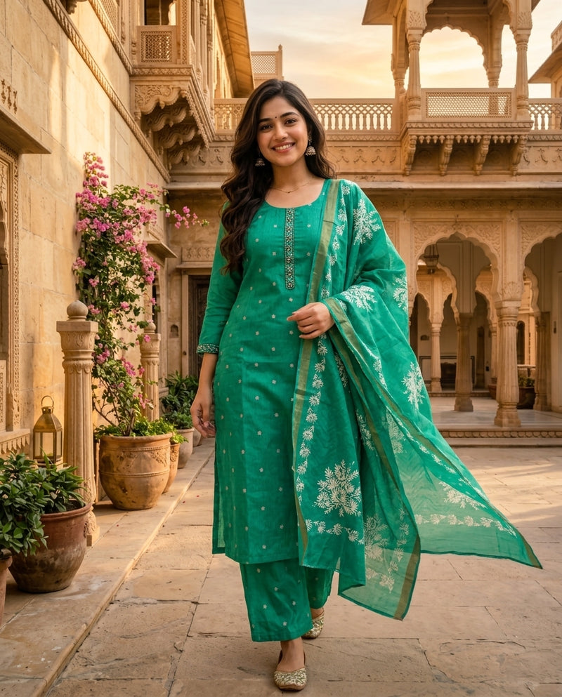 Green Embroidered Kurta Set with Printed Dupatta and Trousers