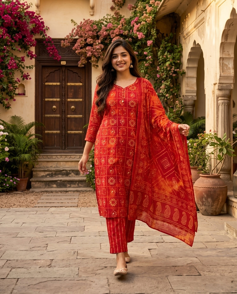 Red Bandhani Print Kurta Set with Trousers and Dupatta