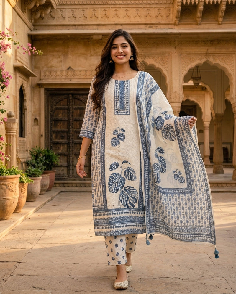 Off-White & Blue Printed Cotton Kurta Suit Set with Dupatta
