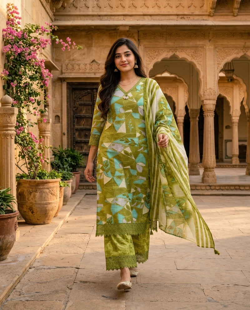 Green Printed V-Neck Kurta Set with Palazzo and Dupatta