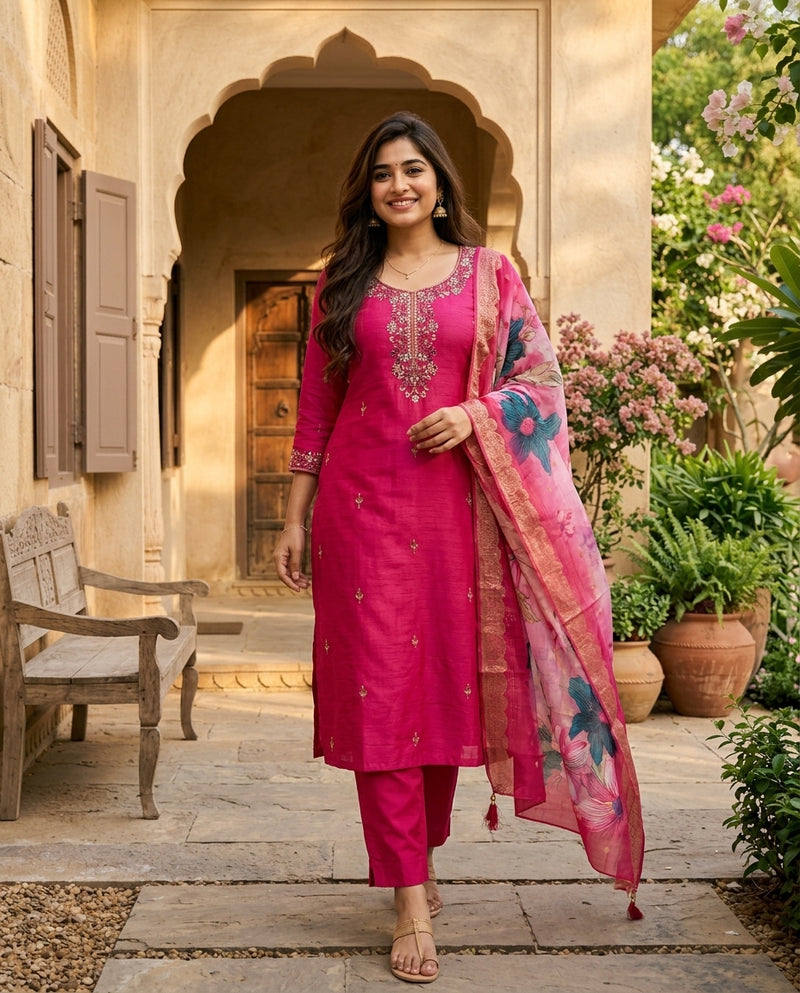 Magenta Embroidered Kurta Set with Floral Printed Dupatta
