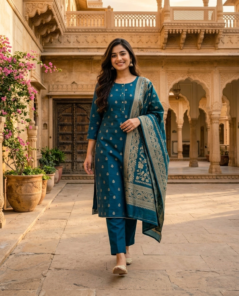 Teal Blue Woven Booti Kurta Set with Jacquard Dupatta