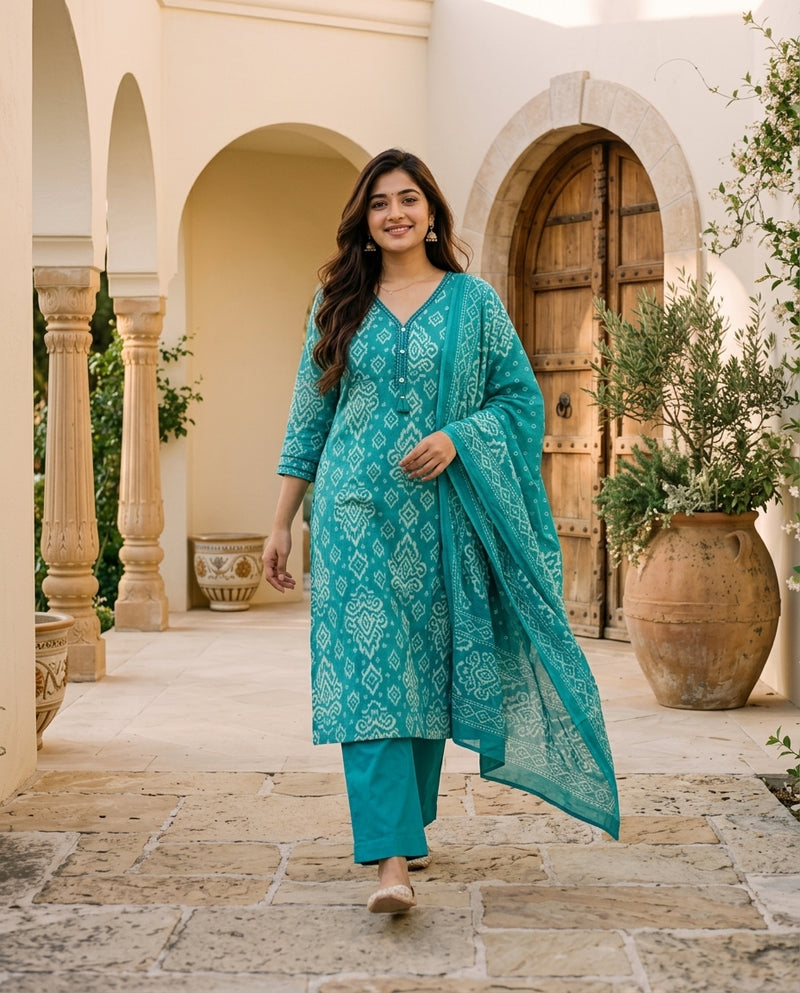 Teal Ikat Print Kurta Set with Dupatta