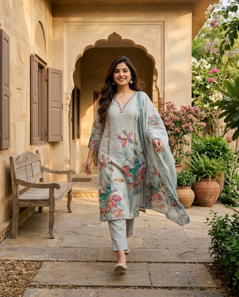 Grey Floral Printed Suit Set with Embroidered Neckline