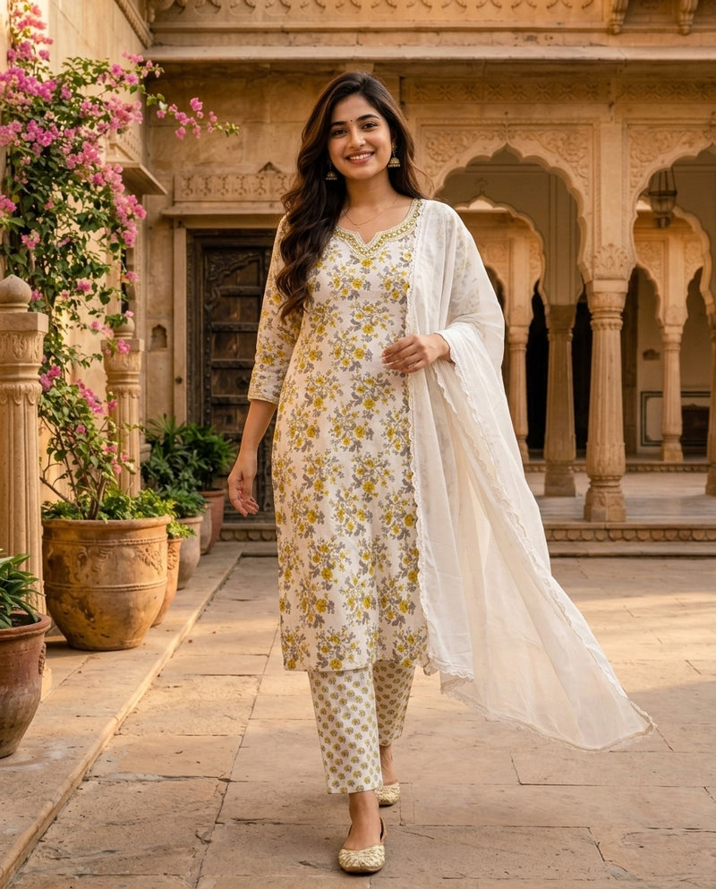 Off-White Floral Printed Kurta Set with Lace Dupatta