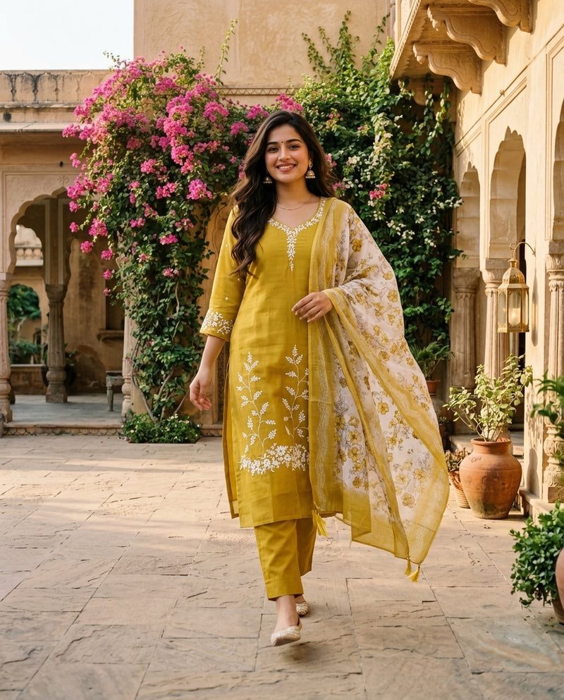 Mustard Yellow Embroidered Kurta Set with Printed Dupatta