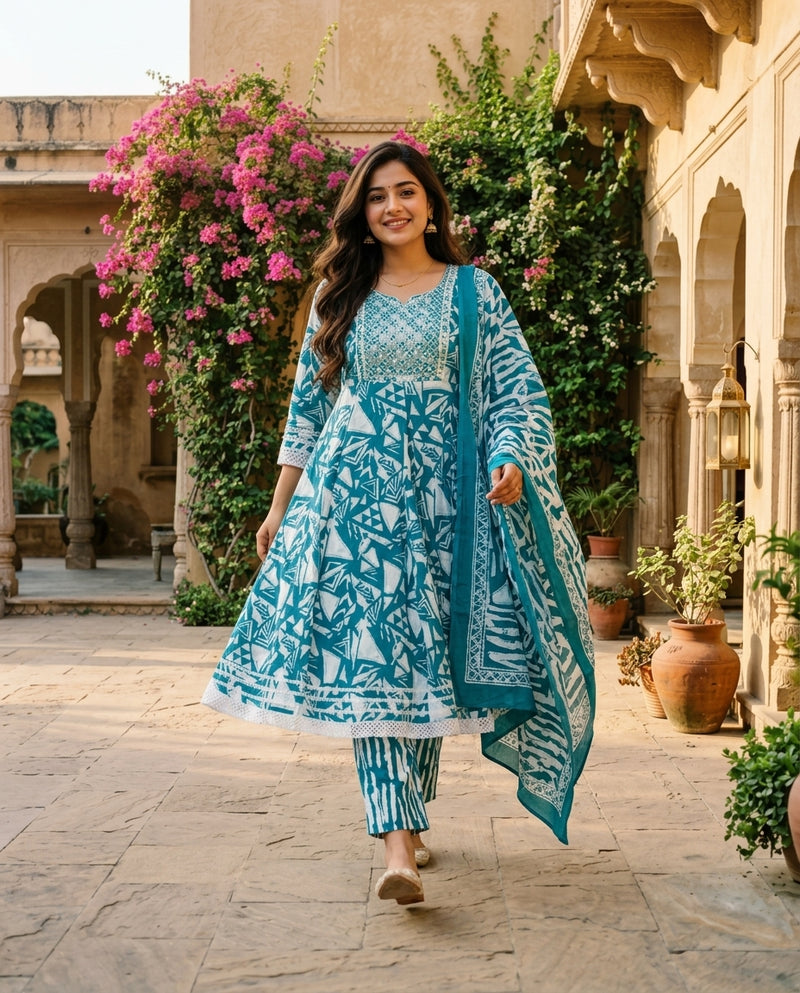 Teal Printed Anarkali Kurta Suit Set with Lace Details