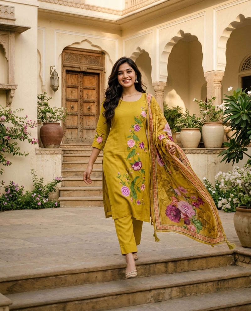 Yellow Floral Embroidered Kurta Set with Dupatta