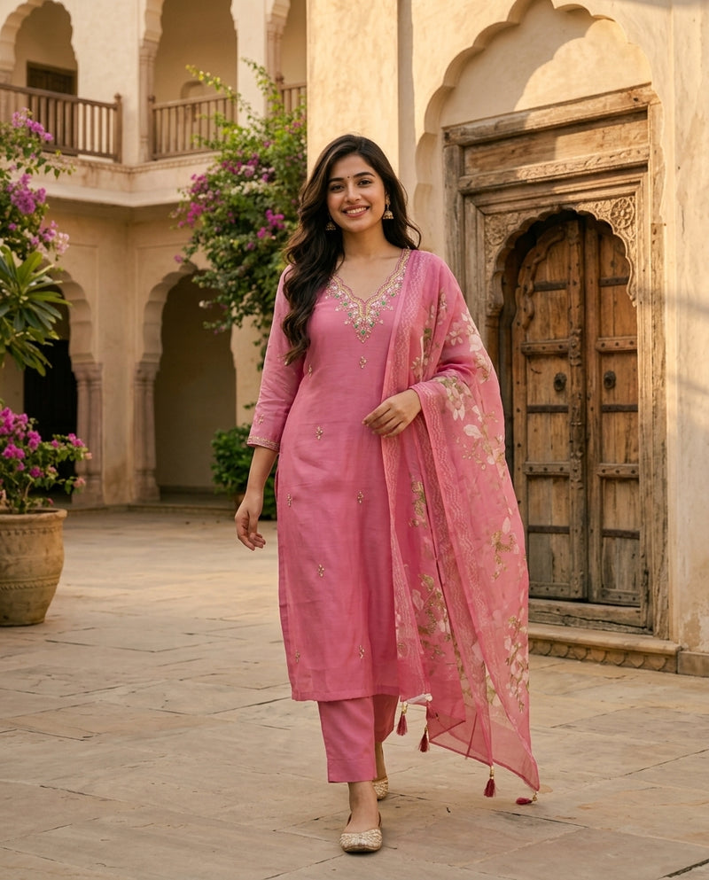 Pink Embroidered Kurta Set with Floral Print Dupatta