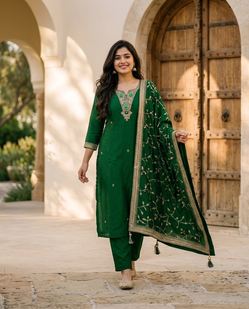 Emerald Green Embroidered Suit Set with Dupatta
