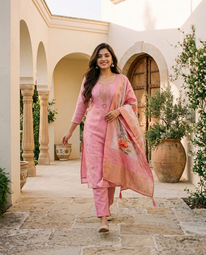 Pink Embroidered Kurta Set with Dupatta