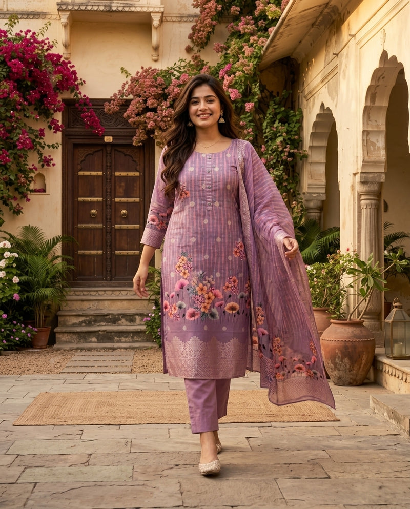 Mauve Printed Kurta Set with Dupatta and Trousers