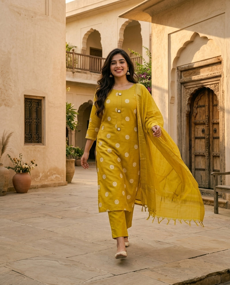 Yellow Woven Motif Kurta Set with Trousers & Dupatta