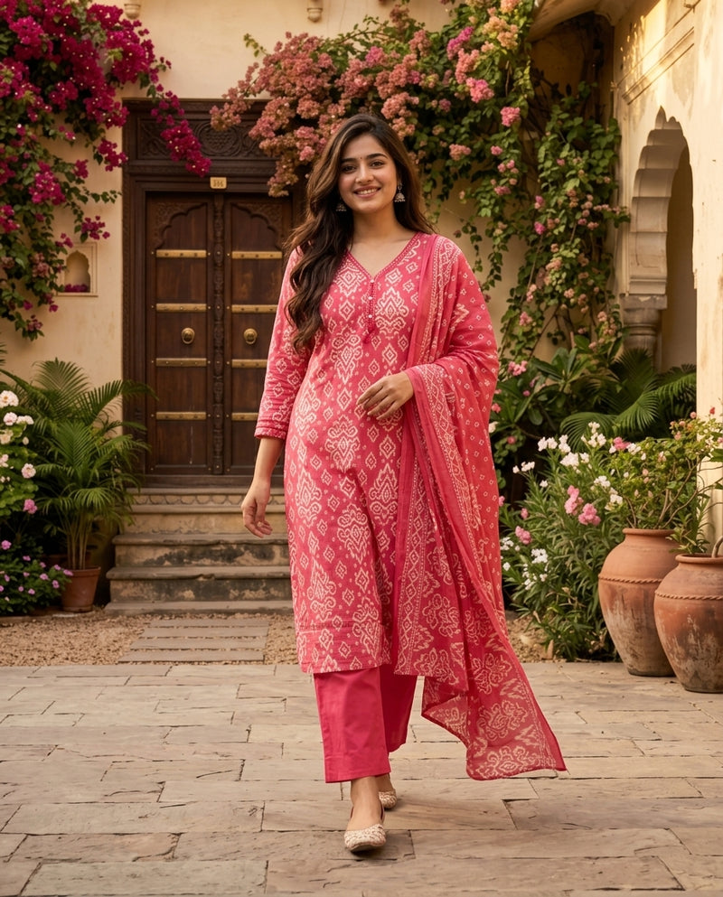 Pink Ikat Printed Kurta Set with Trousers and Dupatta