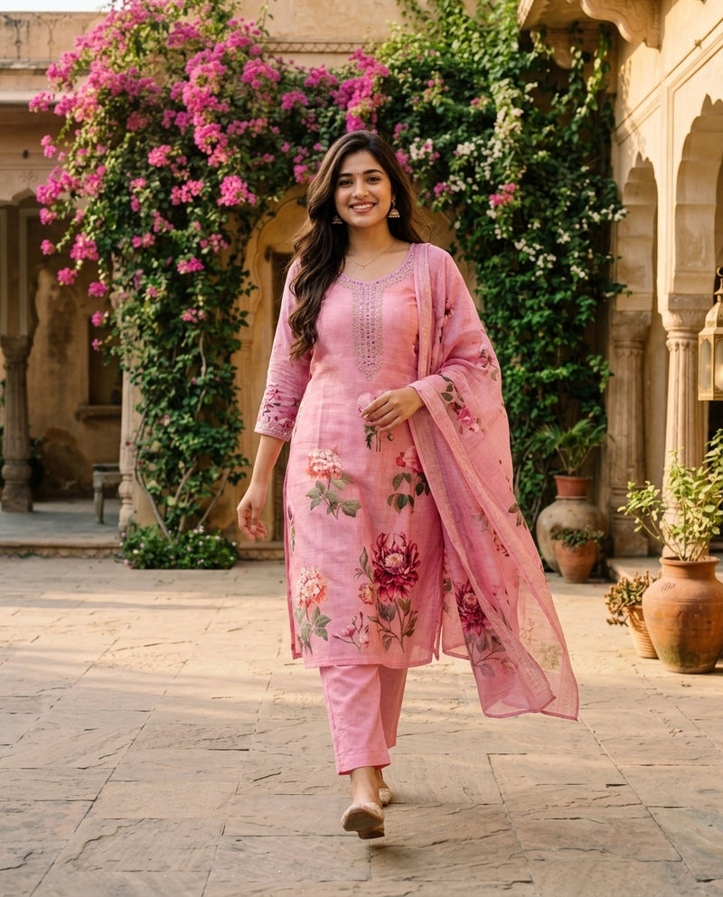 Pink Floral Print Kurta Set with Embroidered Yoke