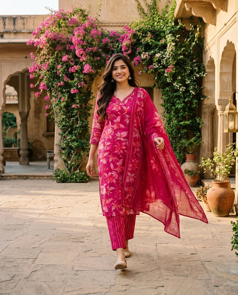 Pink Floral Printed Suit Set with Dupatta