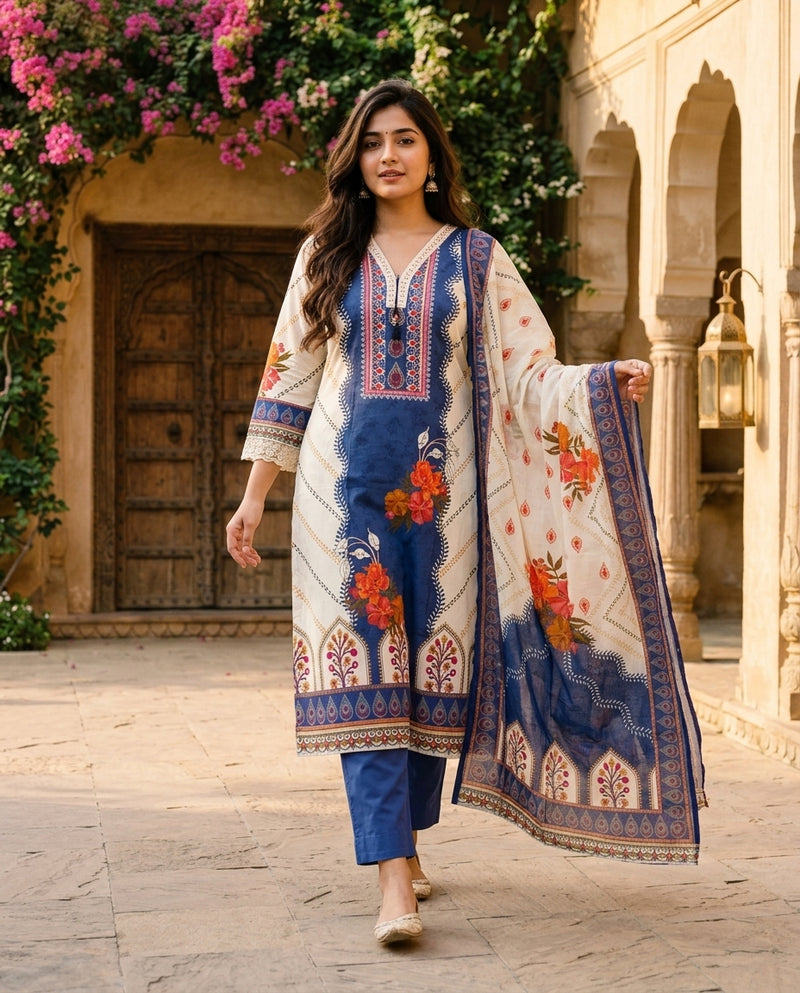 Off-White & Blue Printed Kurta Set with Dupatta